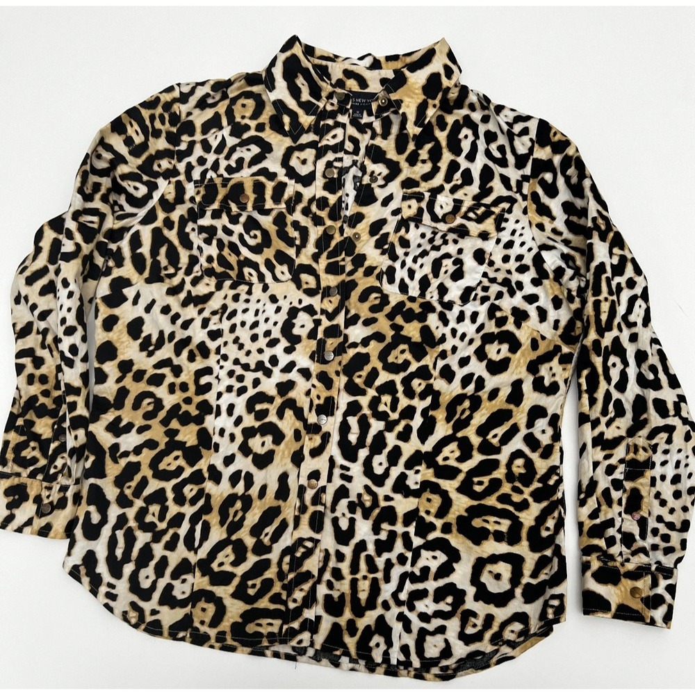 Jones New York Signature Women Leopard Long Sleeve Snap Shirt Size 1X